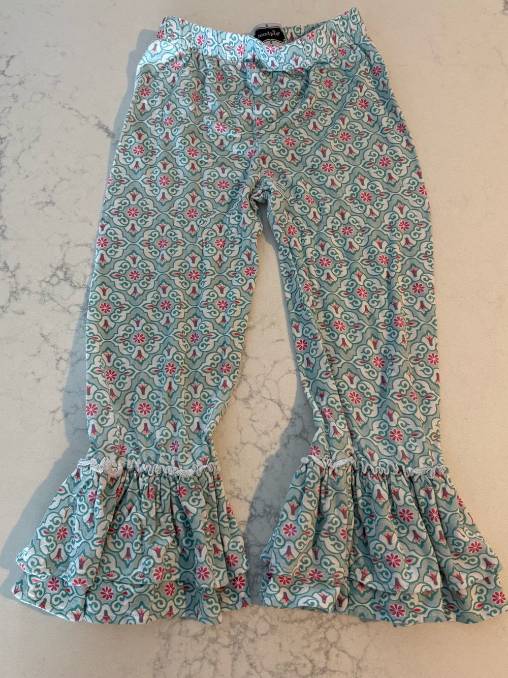 Mud Pie Aqua and Pink Floral Ruffle Pants